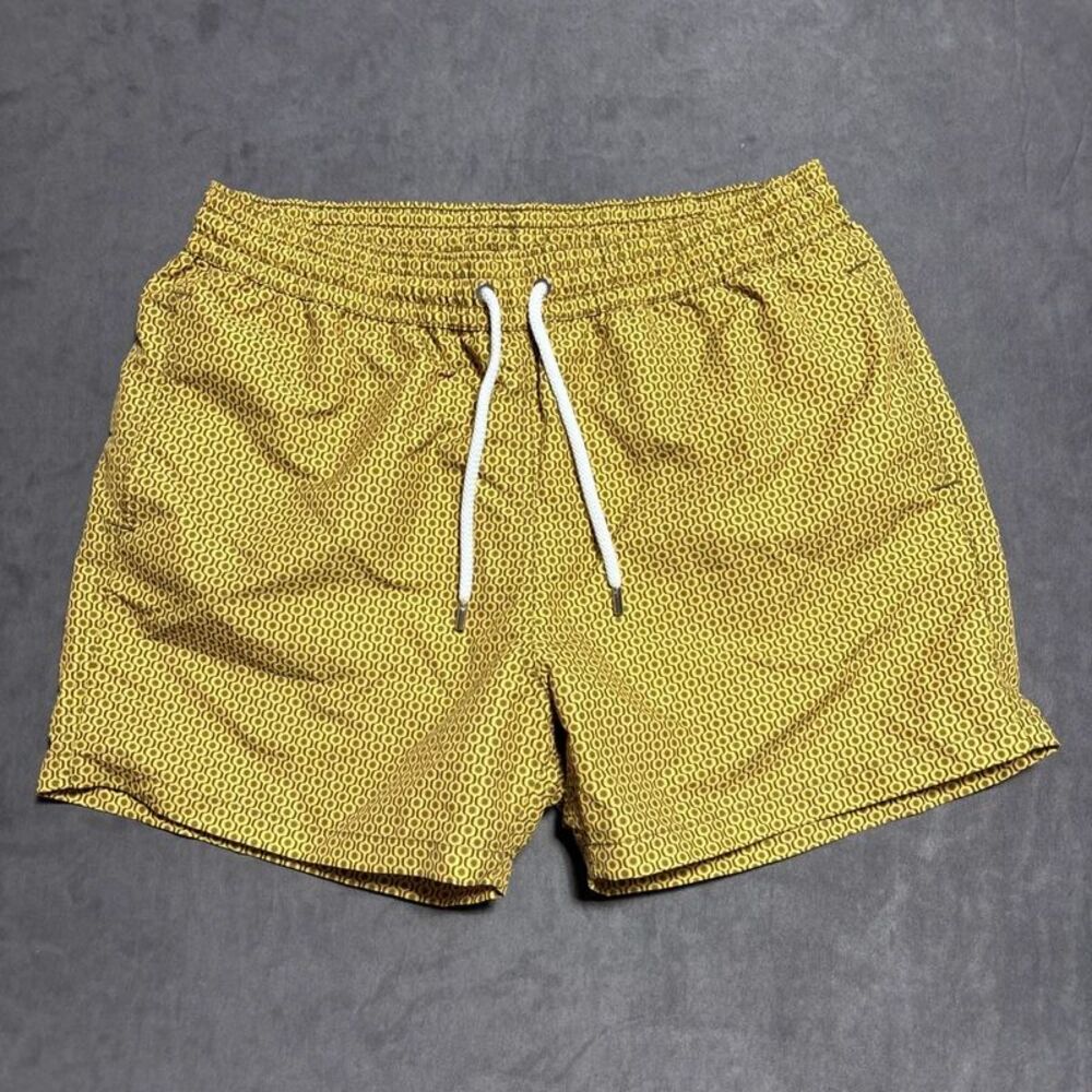 Frescobol Carioca Swim Trunks XL Yellow Brown Geometric Print Sport Shorts $400